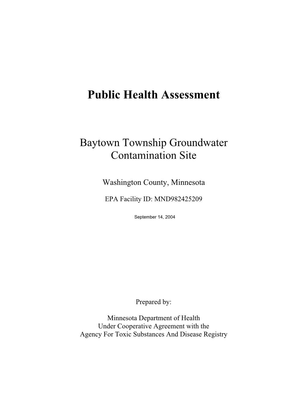 Baytown Township Groundwater: Public Health Assessment