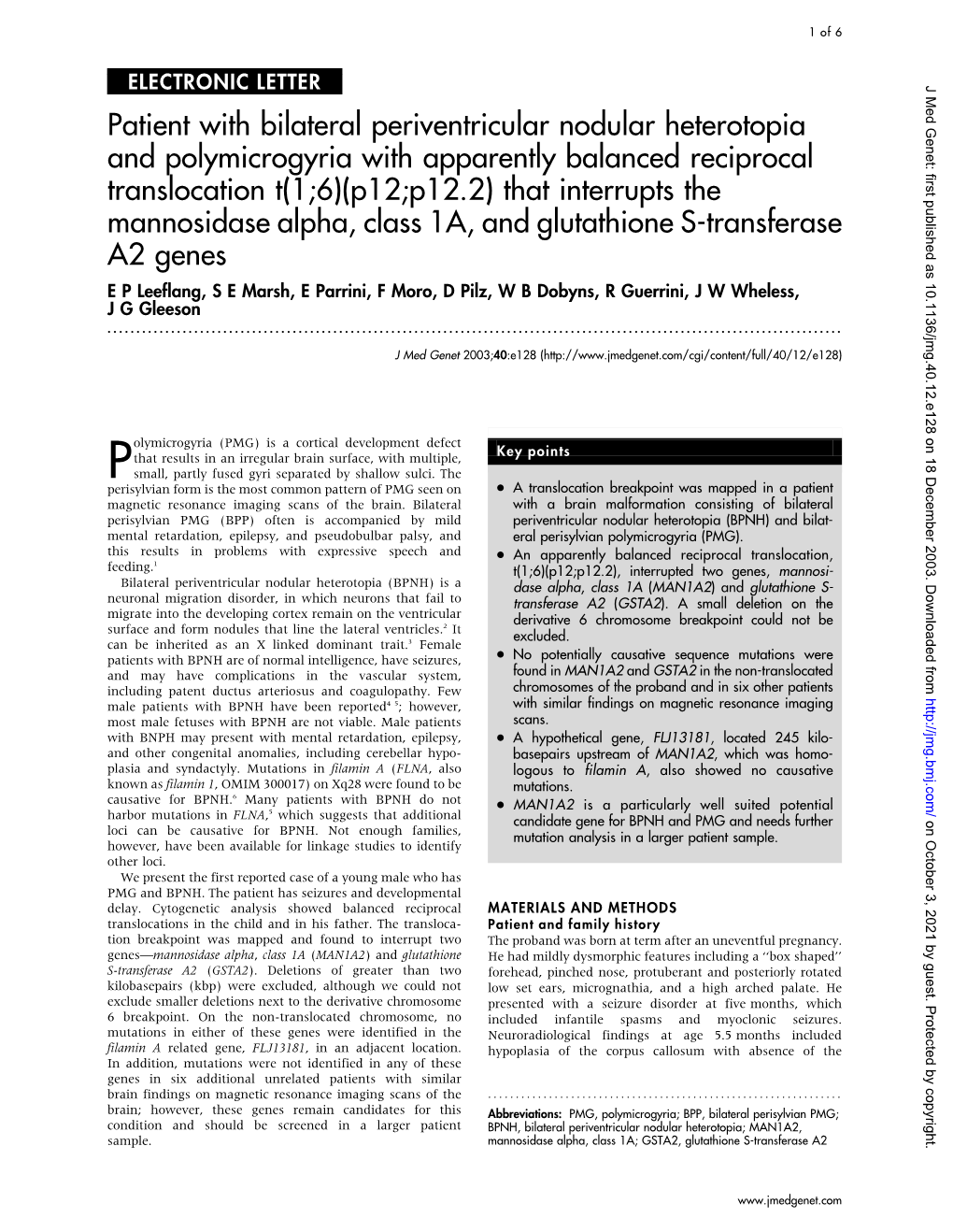 Patient with Bilateral Periventricular Nodular Heterotopia and Polymicrogyria with Apparently Balanced Reciprocal Translocation