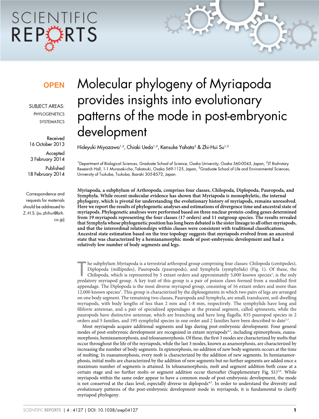 Molecular Phylogeny of Myriapoda Provides Insights Into Evolutionary