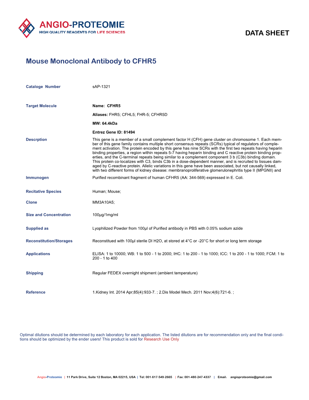 Sap-1321 Mouse Monoclonal Antibody to CFHR5.Pdf