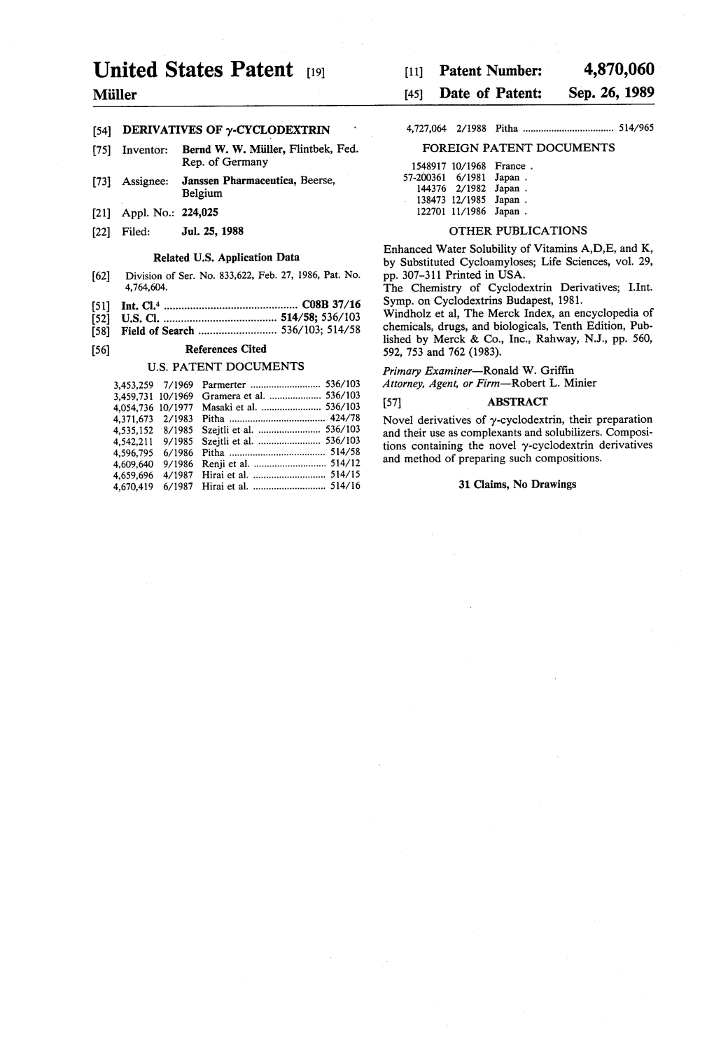 United States Patent (19) 11) Patent Number: 4,870,060 Miller (45) Date of Patent: Sep