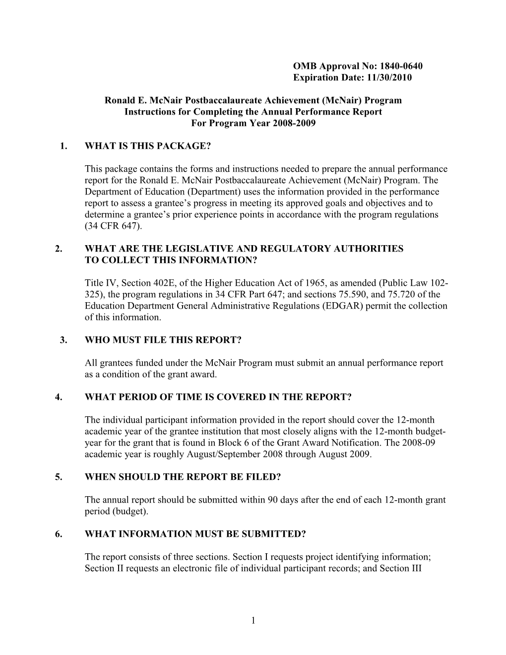 FY 2008-2009 Annual Performance Report Instructions for the Ronald Mcnair Program (MS Word)