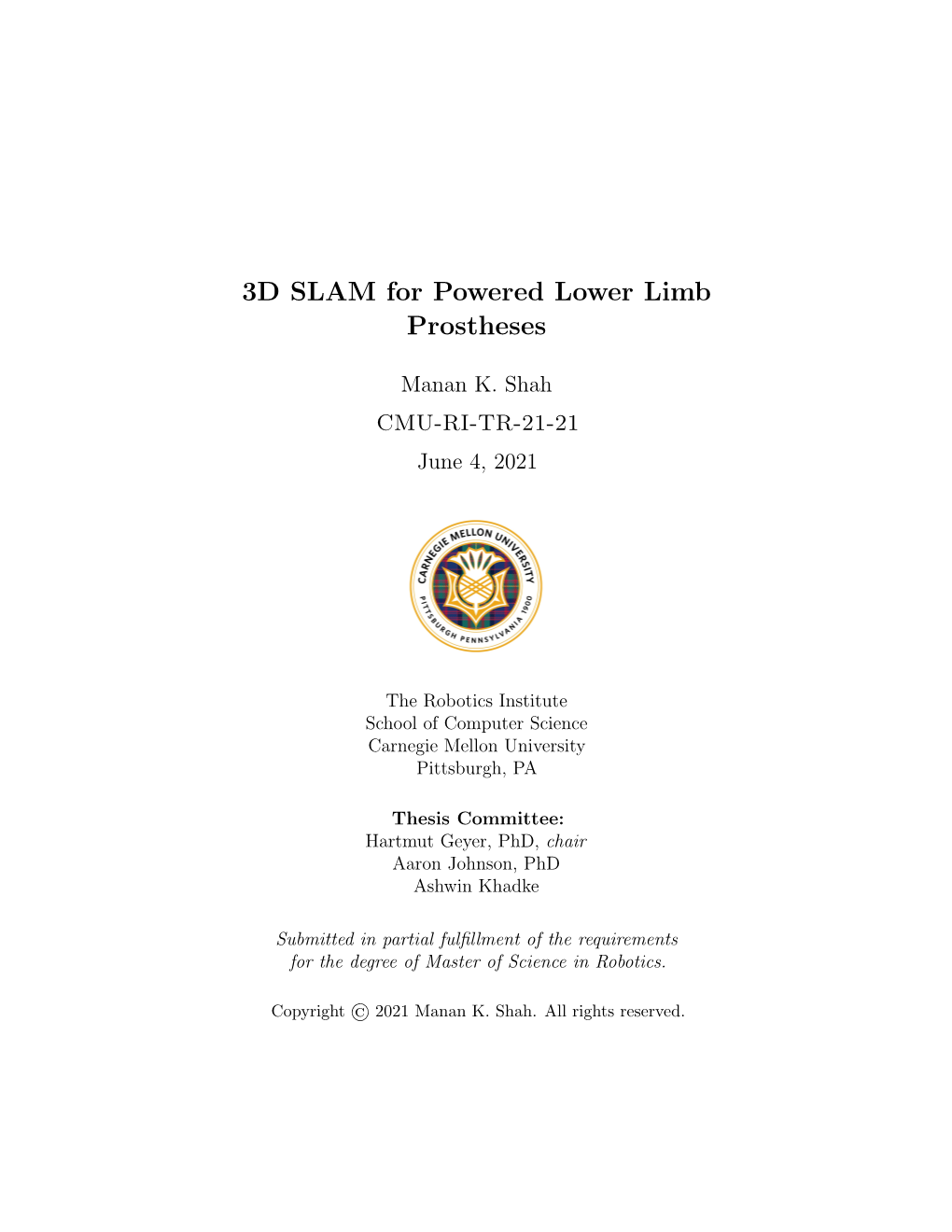 3D SLAM for Powered Lower Limb Prostheses