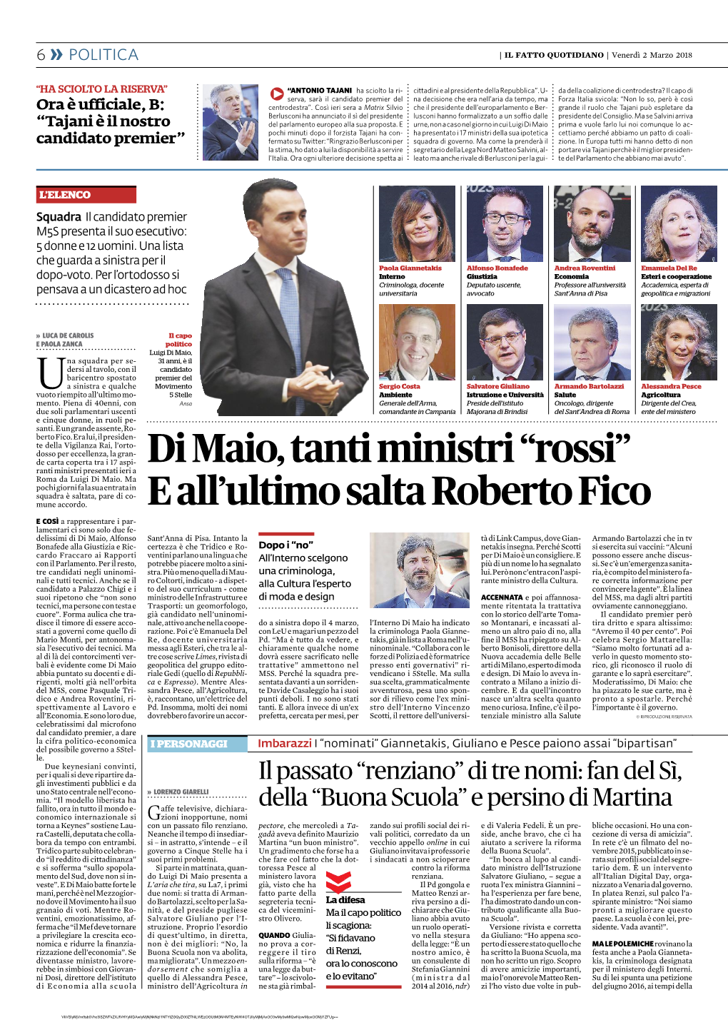 Di Maio, Tanti Ministri “Ro S S I” E All'ultimo Salta Roberto Fico