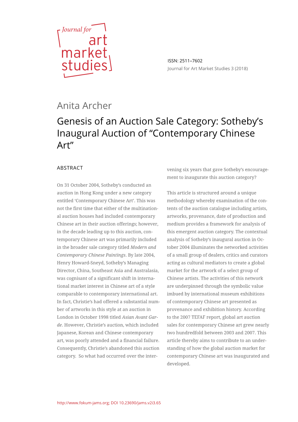 Anita Archer Genesis of an Auction Sale Category: Sotheby’S Inaugural Auction of “Contemporary Chinese Art”