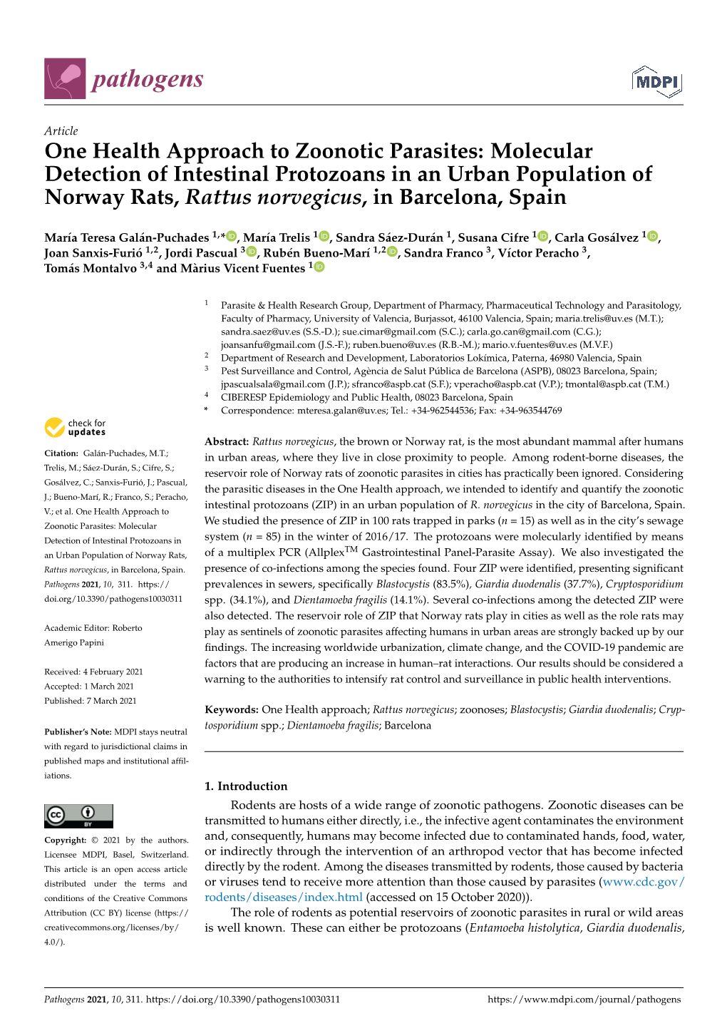 One Health Approach to Zoonotic Parasites: Molecular Detection of Intestinal Protozoans in an Urban Population of Norway Rats, Rattus Norvegicus, in Barcelona, Spain