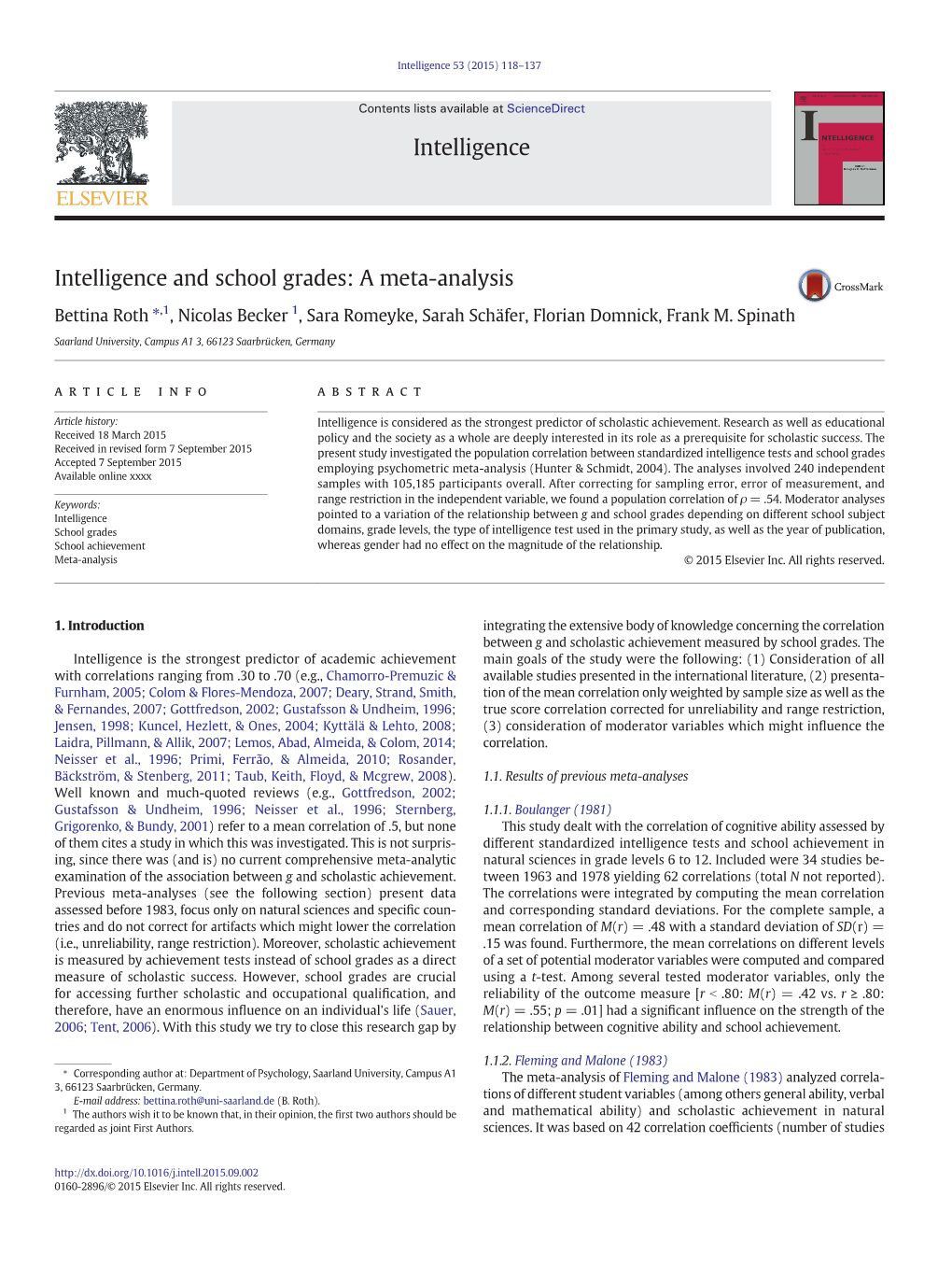 Intelligence and School Grades: a Meta-Analysis