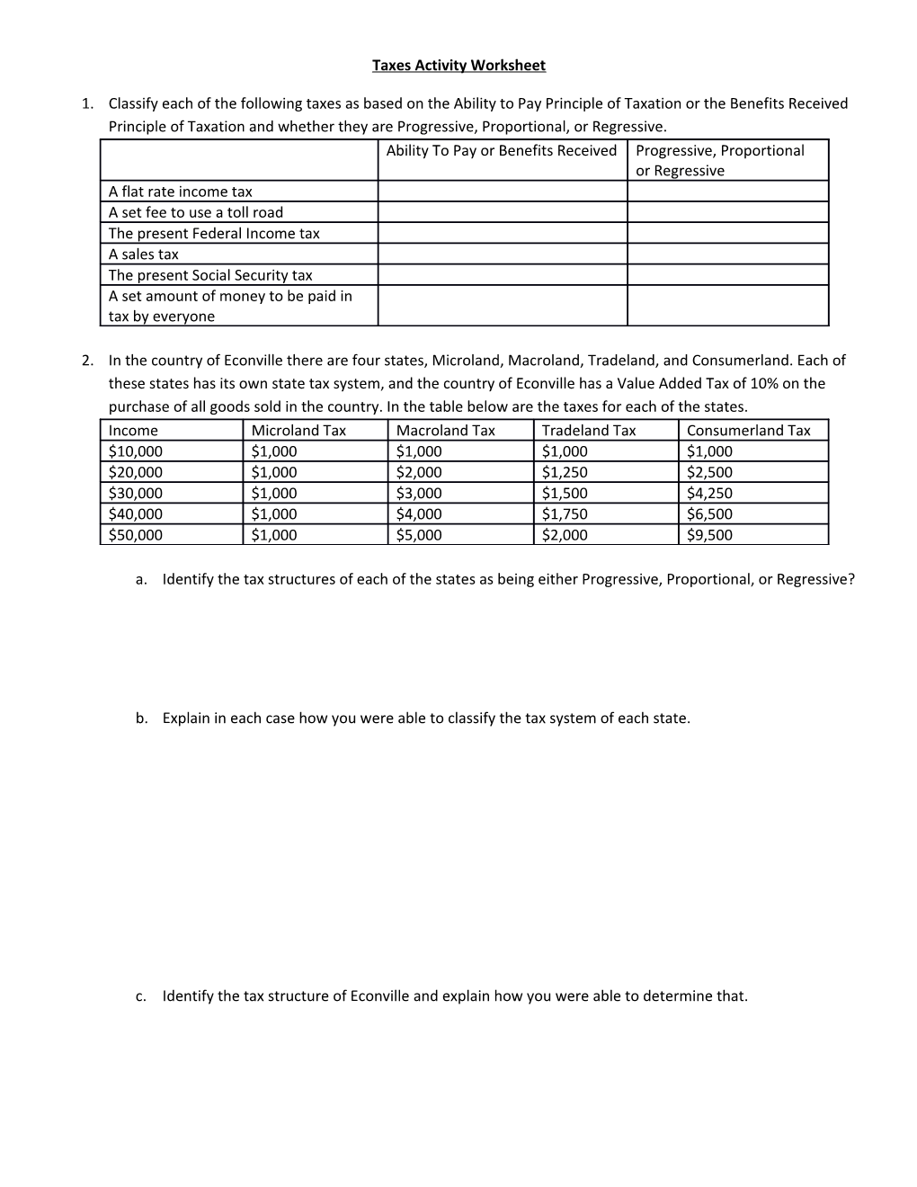 Taxes Activity Worksheet