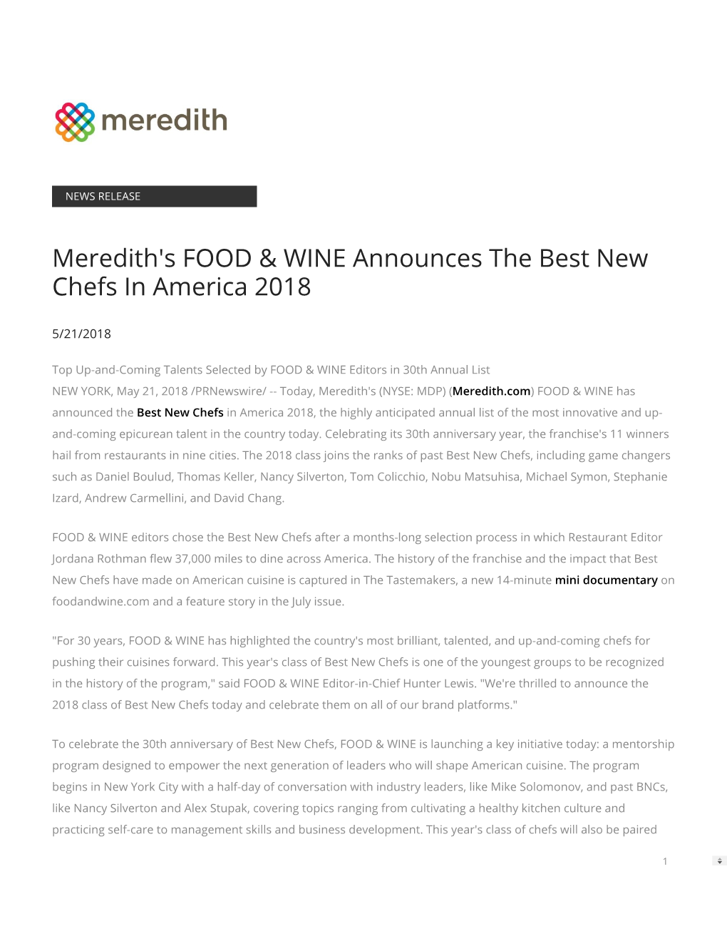 Meredith's FOOD & WINE Announces the Best New Chefs in America 2018