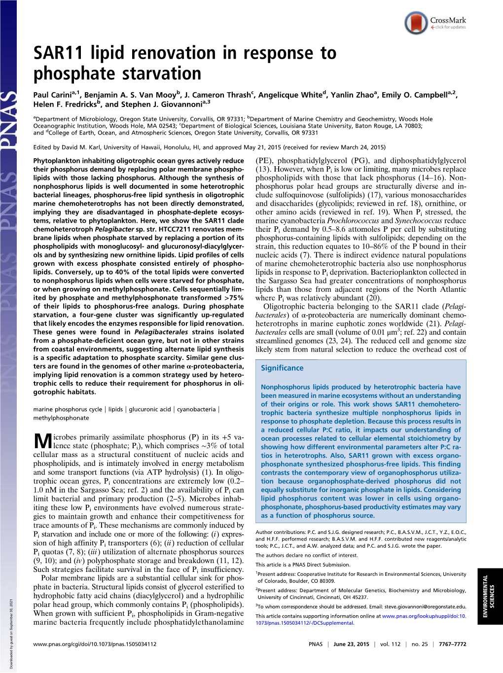 SAR11 Lipid Renovation in Response to Phosphate Starvation