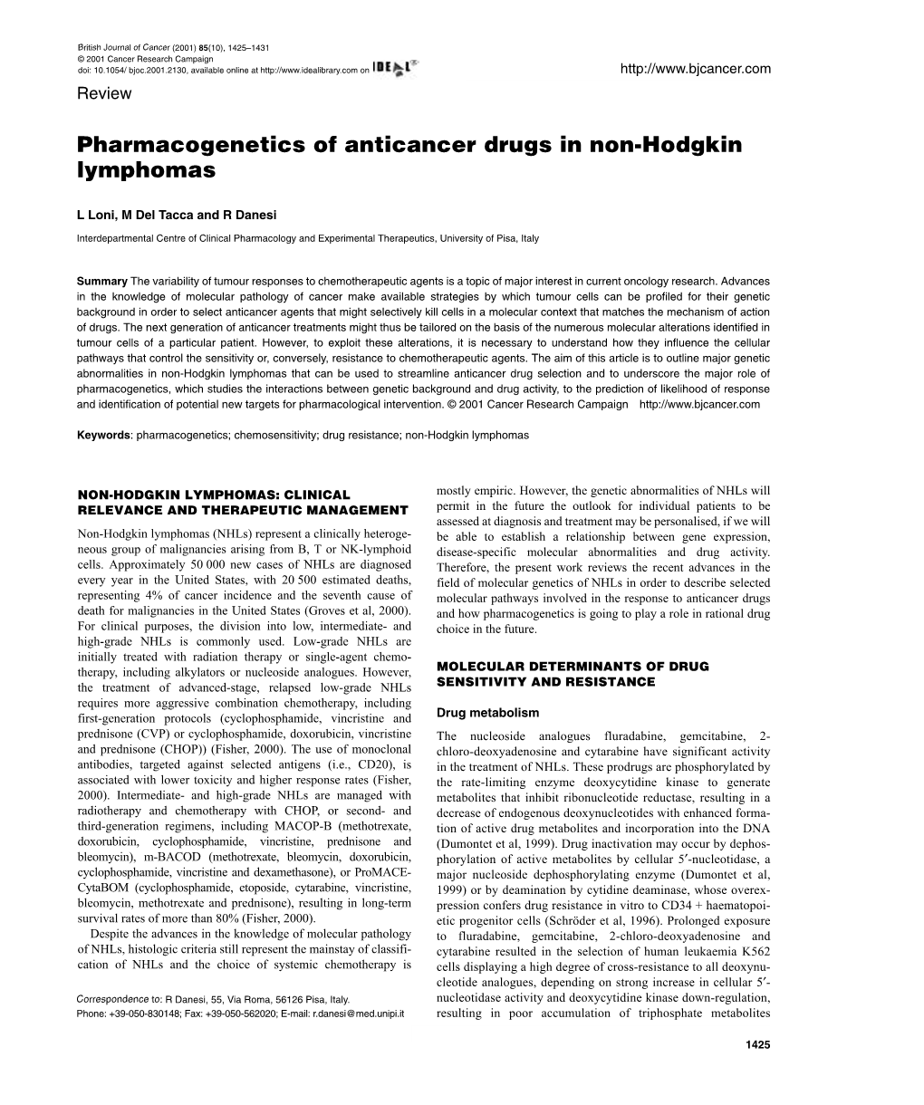 Pharmacogenetics of Anticancer Drugs in Non-Hodgkin Lymphomas