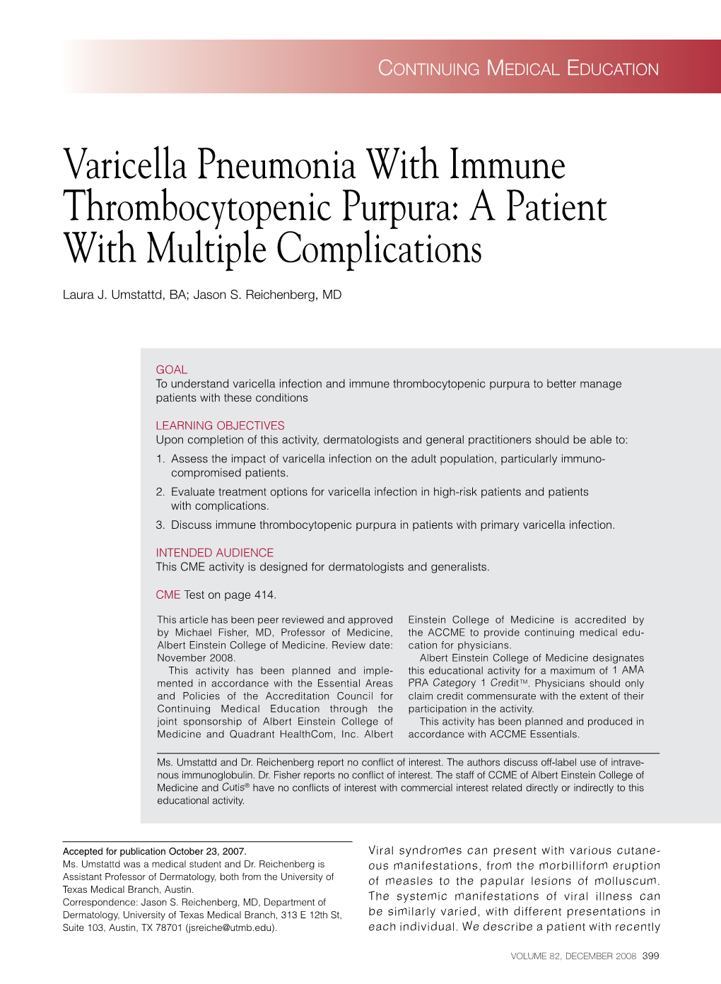 Varicella Pneumonia with Immune Thrombocytopenic Purpura: a Patient with Multiple Complications
