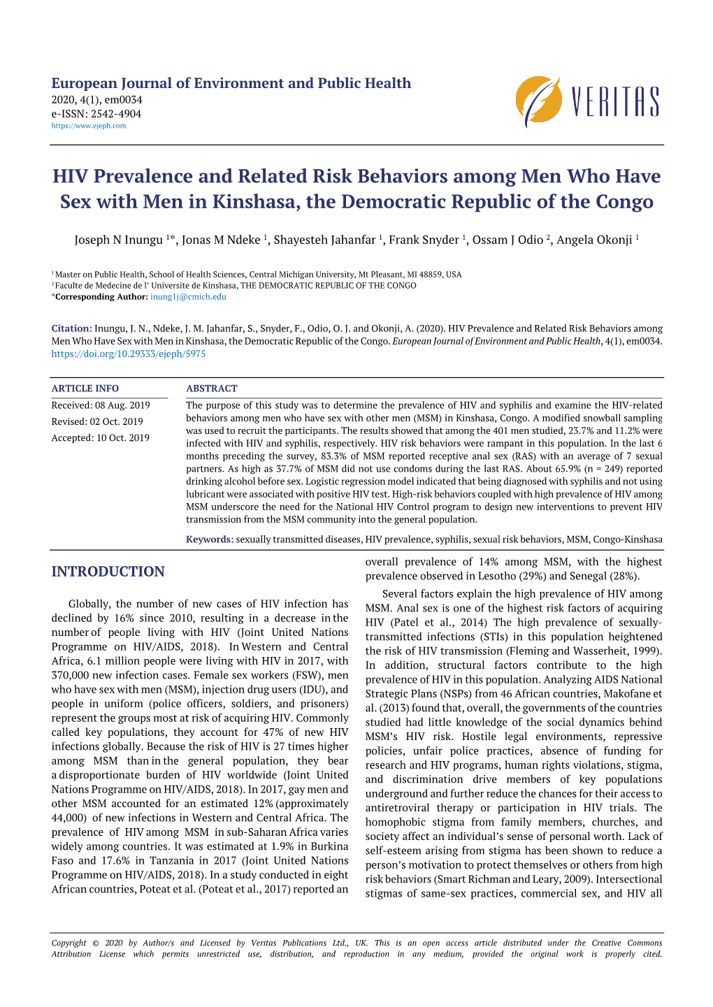 HIV Prevalence and Related Risk Behaviors Among Men Who Have Sex with Men in Kinshasa, the Democratic Republic of the Congo