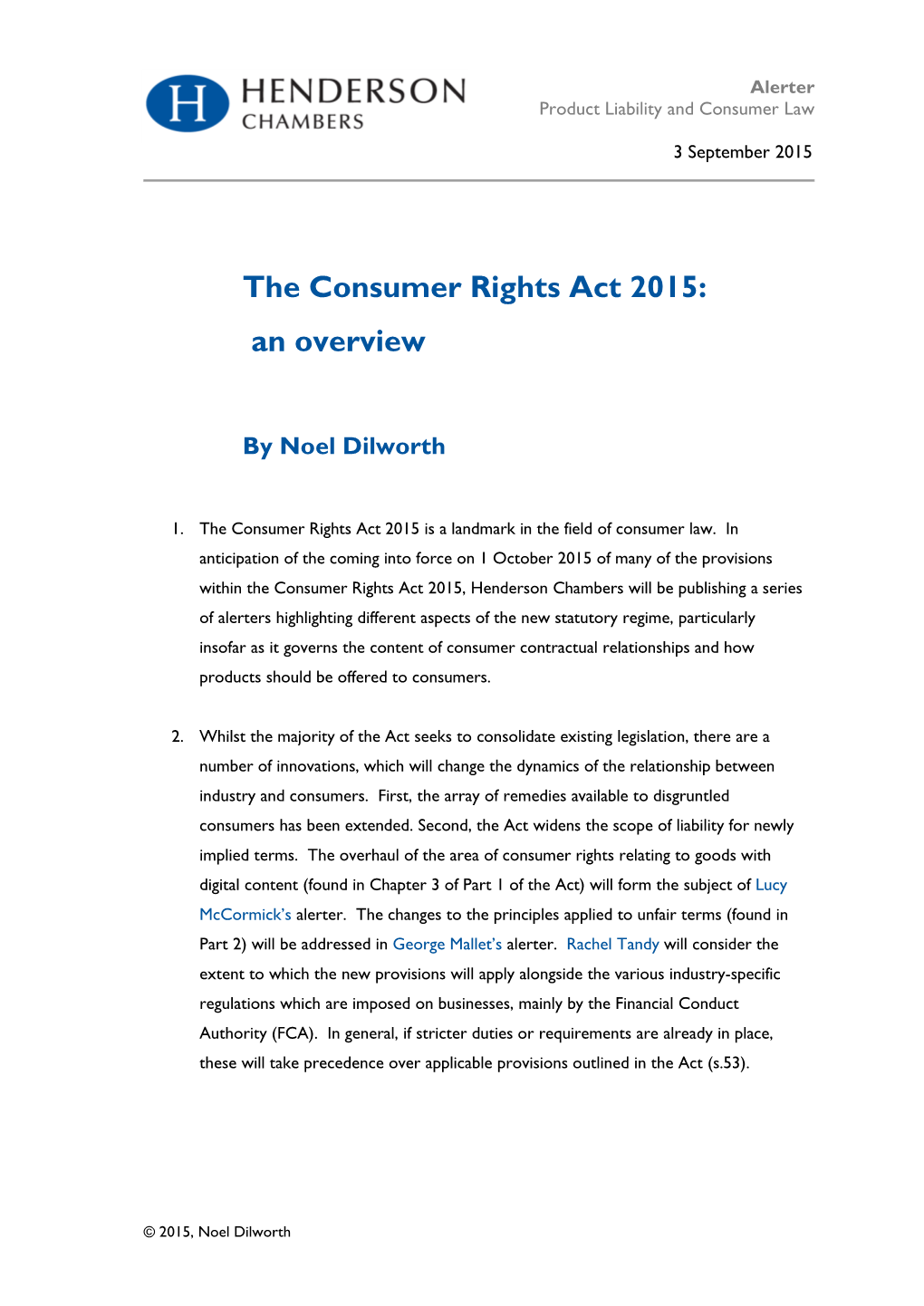 The Consumer Rights Act 2015: an Overview