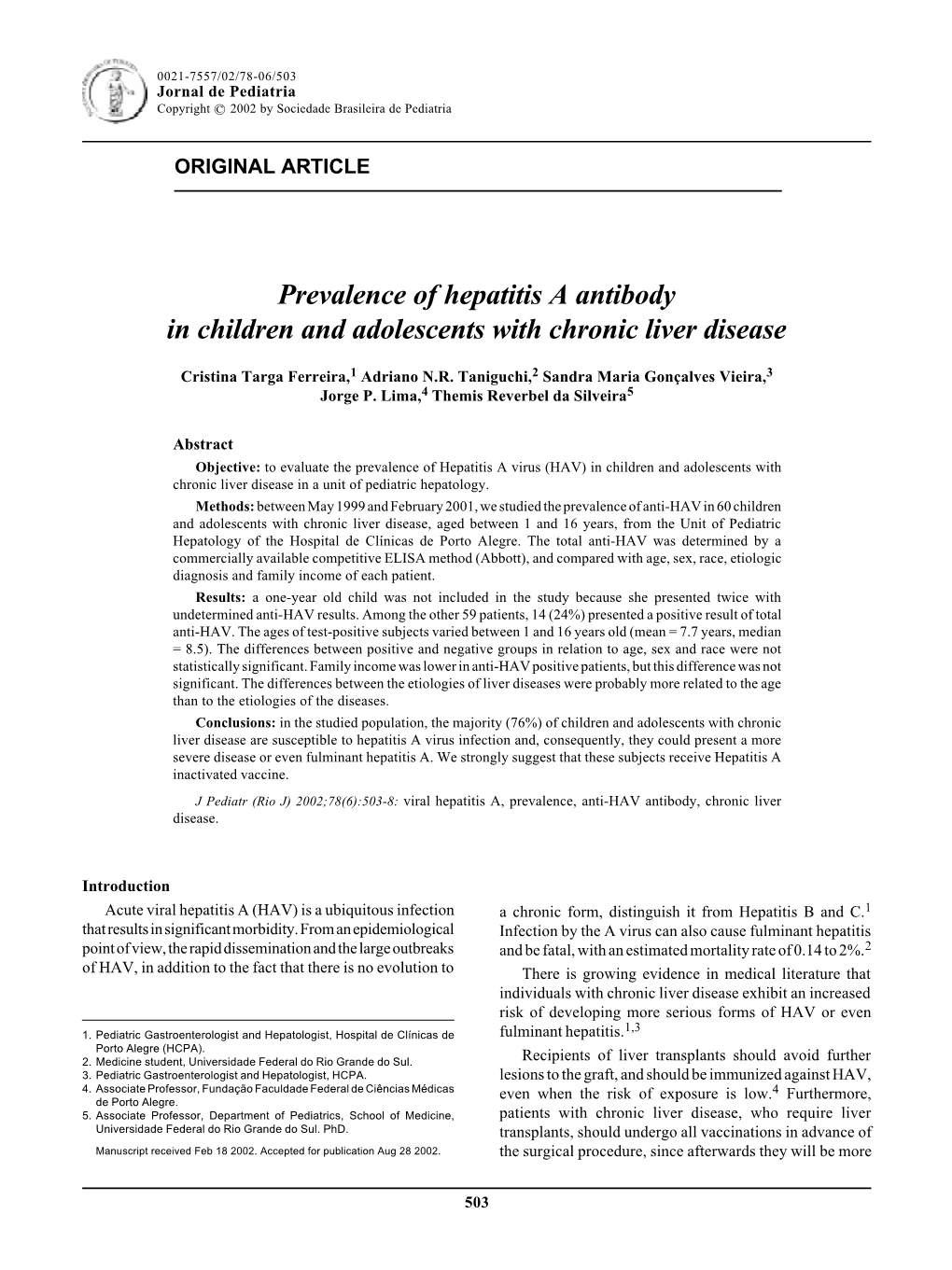 Prevalence of Hepatitis a Antibody in Children and Adolescents with Chronic Liver Disease