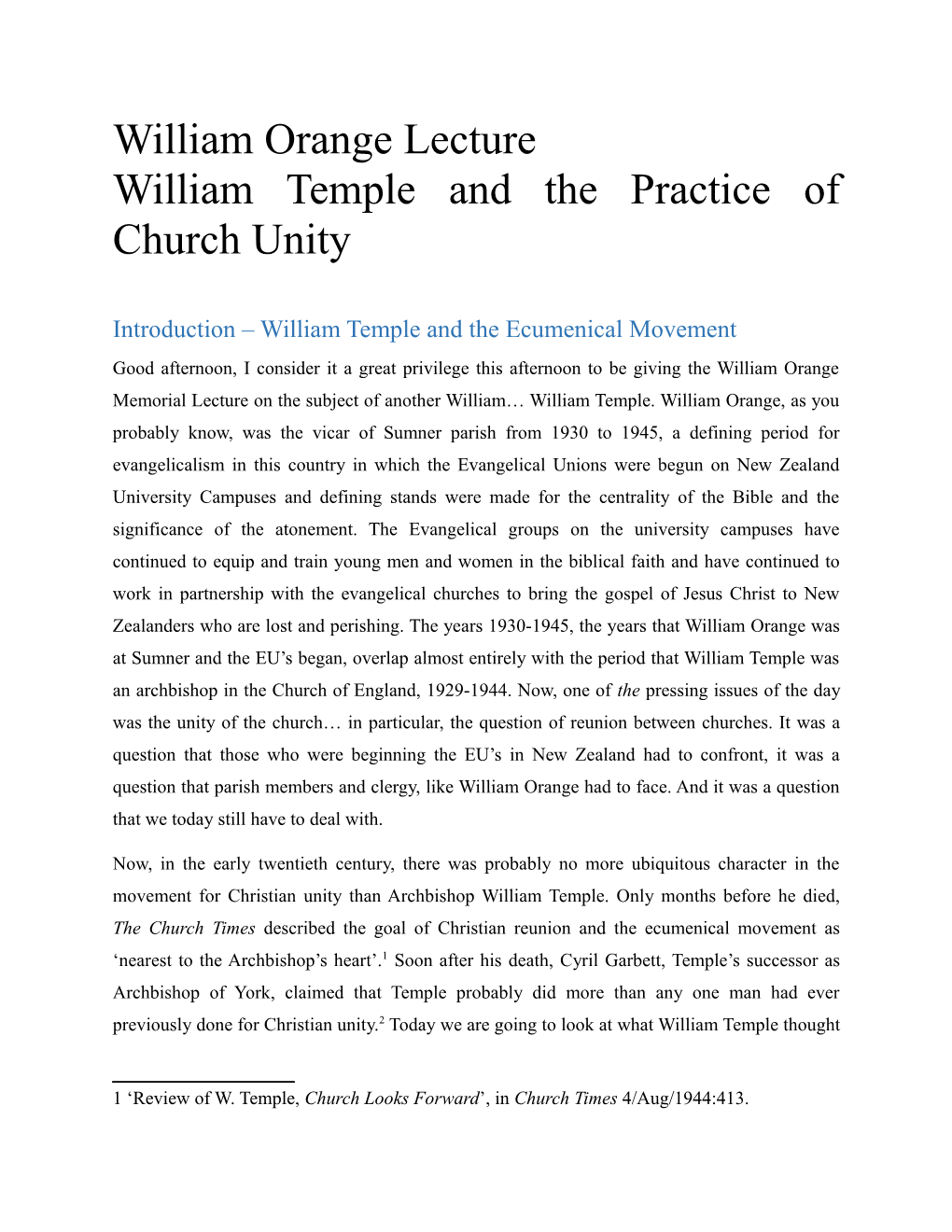 William Orange Lecture William Temple and the Practice of Church Unity