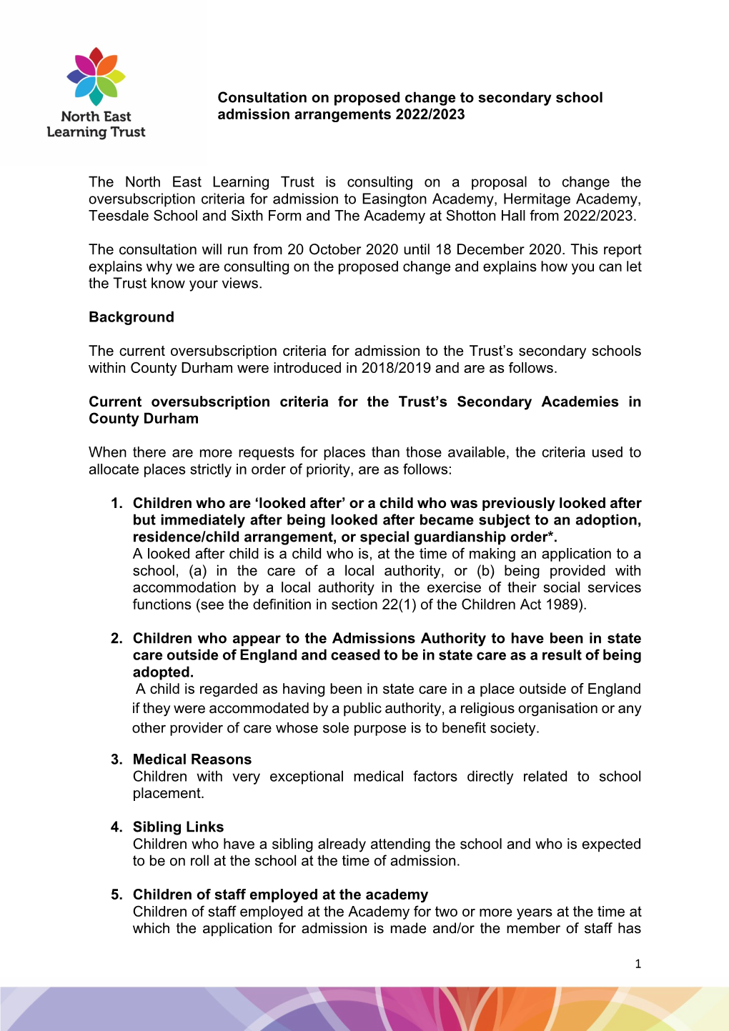 Consultation on Proposed Change to Secondary School Admission Arrangements 2022/2023