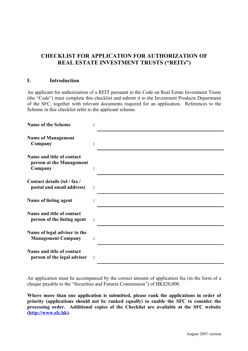 CHECKLISTS for APPLICATION for AUTHORIZATION of REAL ESTATE INVESTMENT TRUSTS ( Reits )