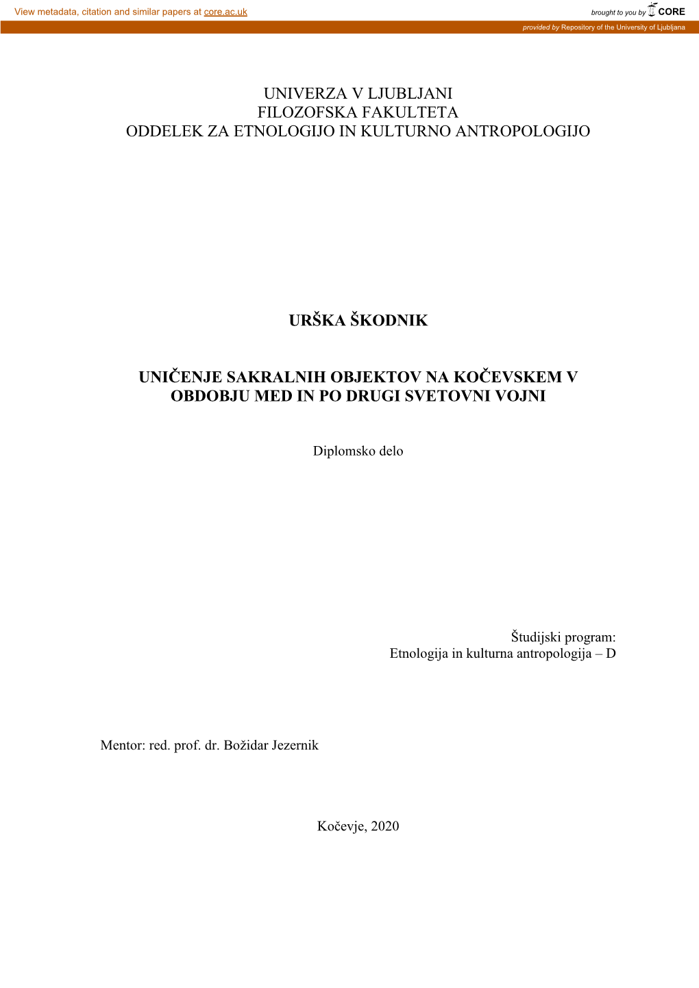 Univerza V Ljubljani Filozofska Fakulteta Oddelek Za Etnologijo in Kulturno Antropologijo