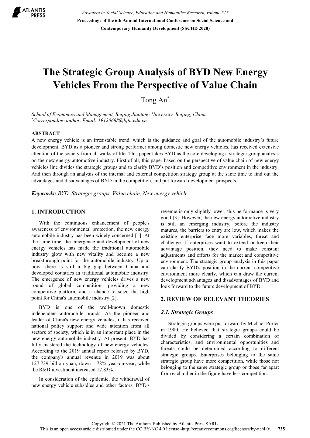 The Strategic Group Analysis of BYD New Energy Vehicles from the Perspective of Value Chain Tong An*