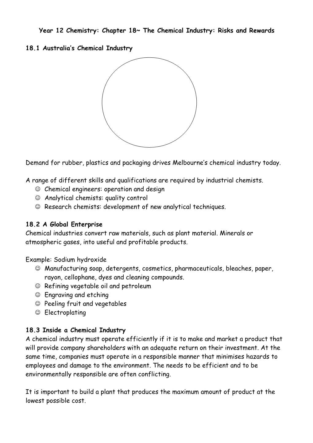 Year 12 Chemistry: Chapter 18 the Chemical Industry: Risks and Rewards