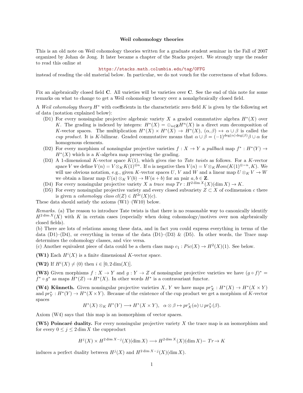 Weil Cohomology Theories This Is an Old Note on Weil Cohomology