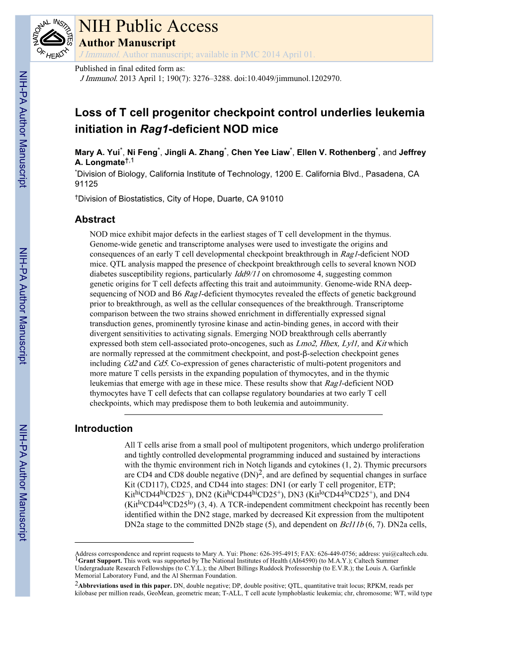 Loss of T Cell Progenitor Checkpoint Control Underlies Leukemia Initiation in Rag1-Deficient NOD Mice