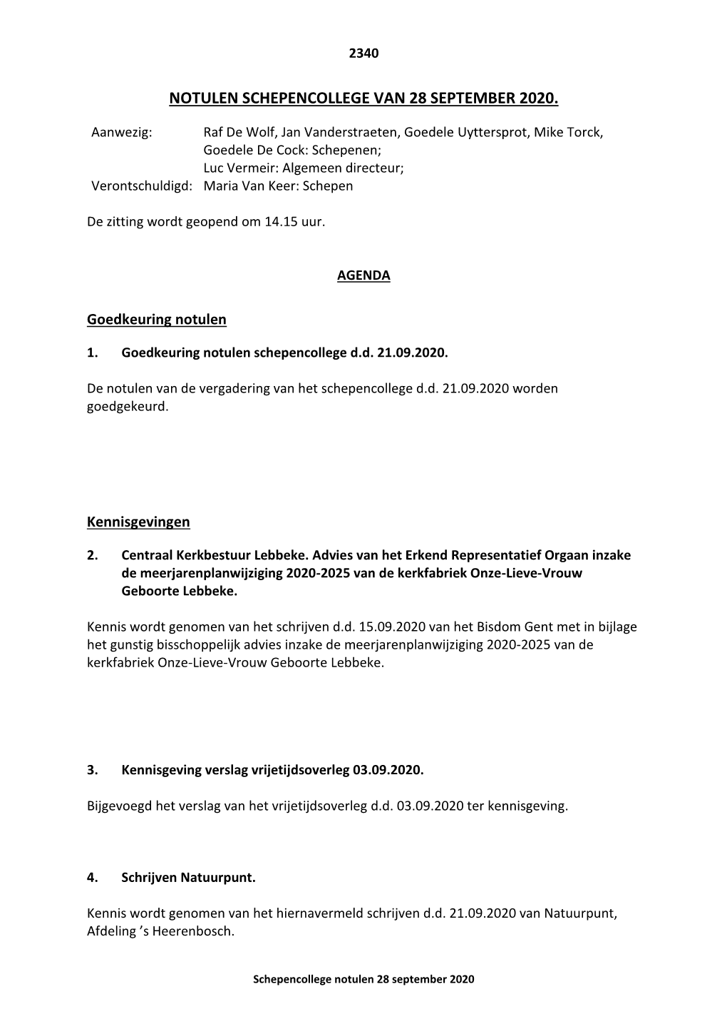 Notulen Schepencollege Van 28 September 2020