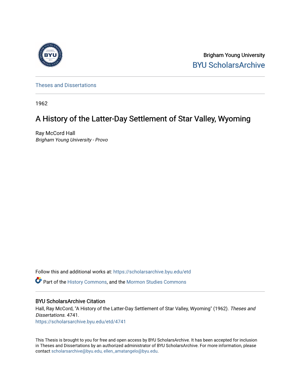 A History of the Latter-Day Settlement of Star Valley, Wyoming