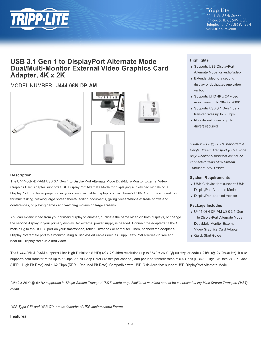 USB 3.1 Gen 1 to Displayport Alternate Mode Dual/Multi-Monitor