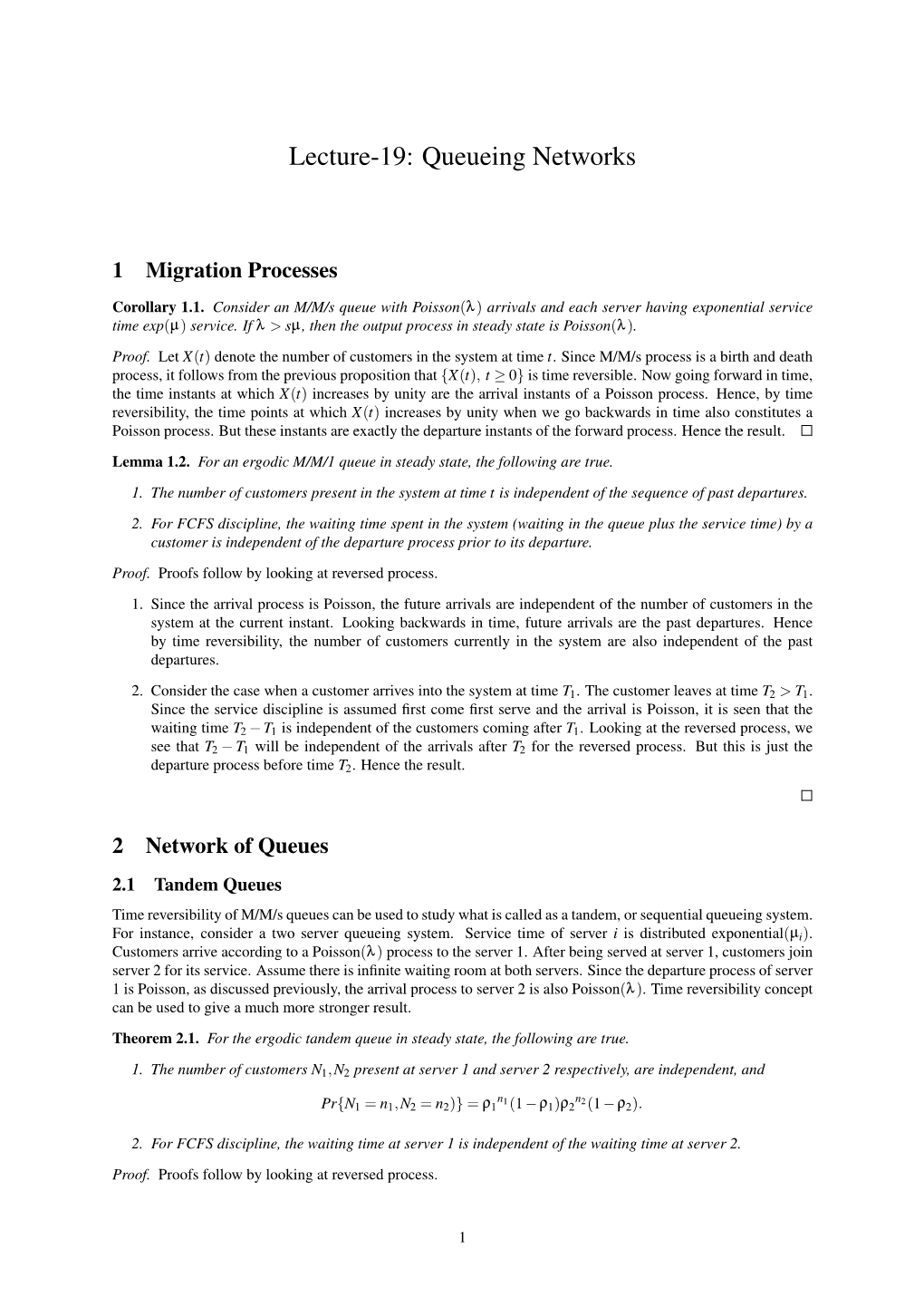 Lecture-19: Queueing Networks