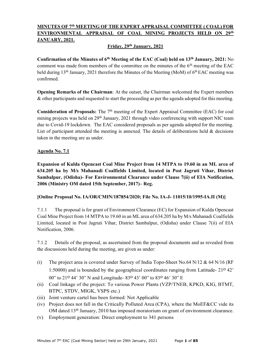 MINUTES of 7Th MEETING of the EXPERT APPRAISAL COMMITTEE ( COAL) for ENVIRONMENTAL APPRAISAL of COAL MINING PROJECTS HELD on 29Th JANUARY, 2021