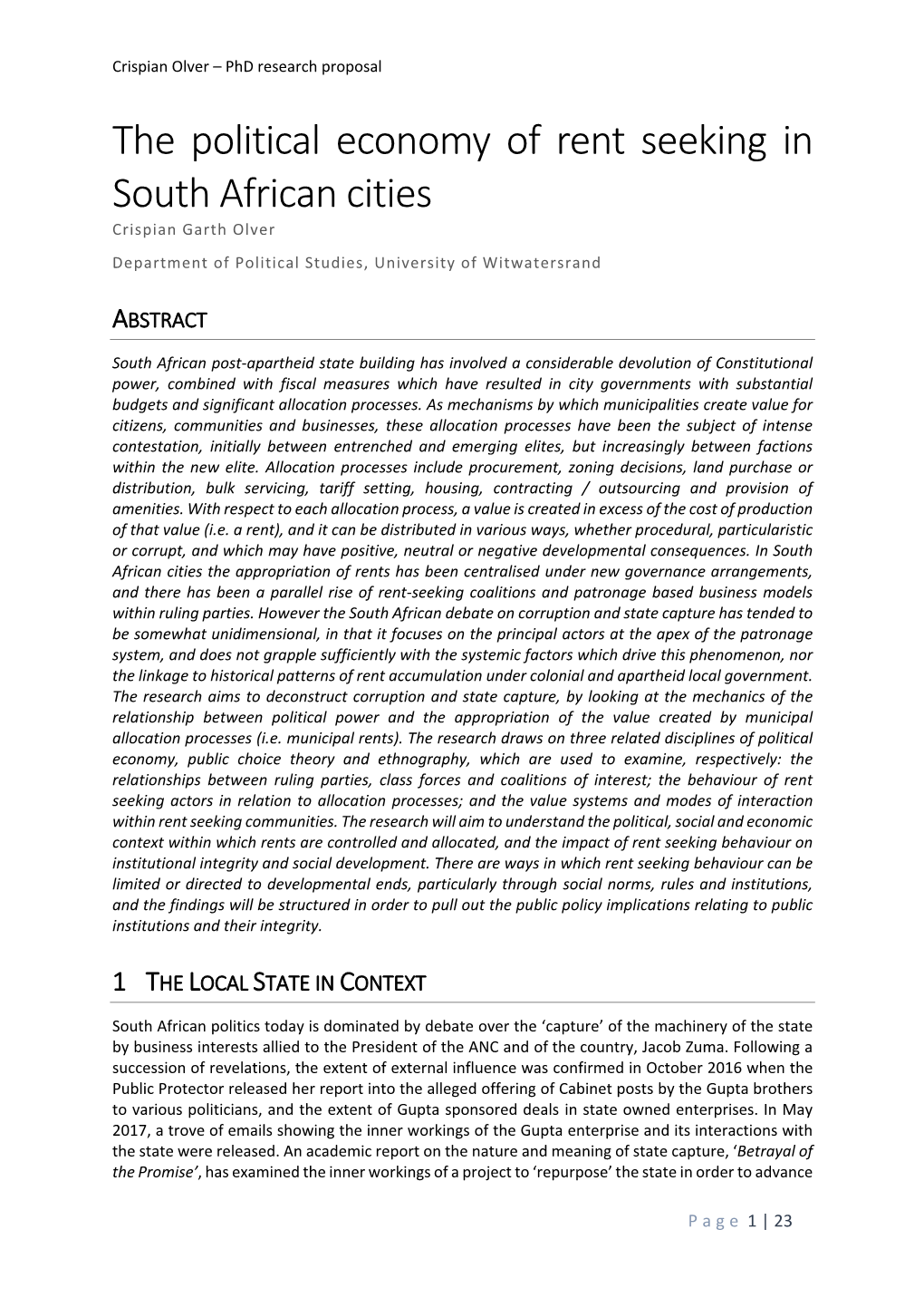 The Political Economy of Rent Seeking in South African Cities Crispian Garth Olver Department of Political Studies, University of Witwatersrand