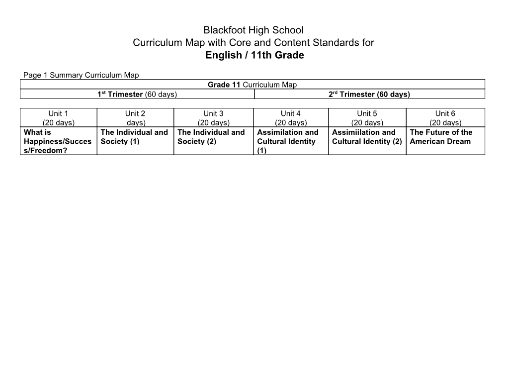 Blackfoot High School Curriculum Map with Core and Content Standards for English / 11Th Grade