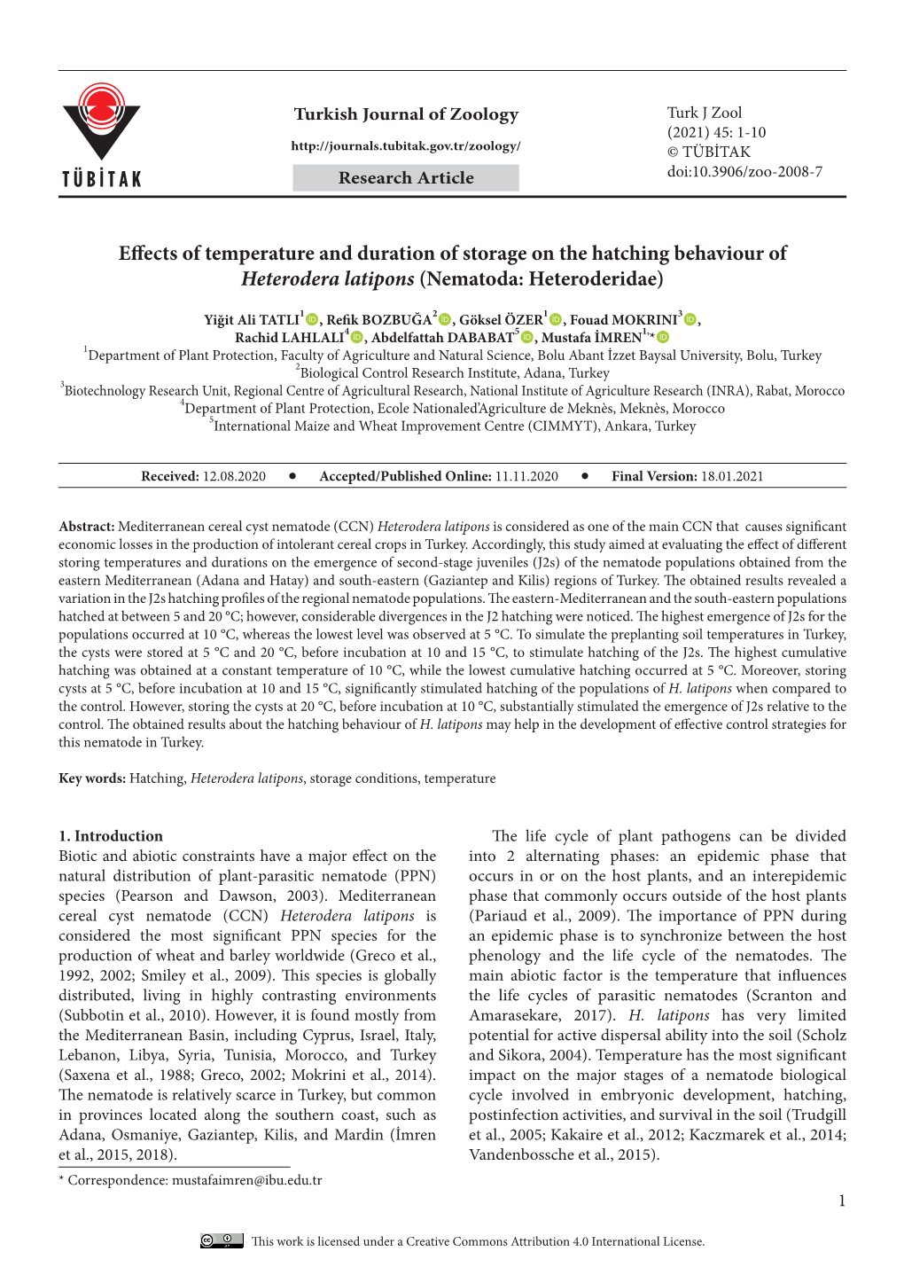 Effects of Temperature and Duration of Storage on the Hatching Behaviour of Heterodera Latipons (Nematoda: Heteroderidae)