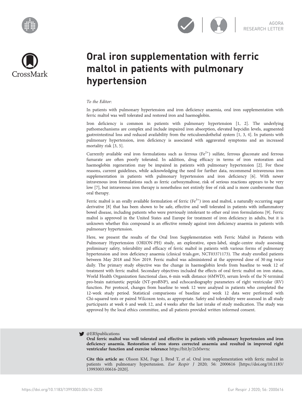 Oral Iron Supplementation with Ferric Maltol in Patients with Pulmonary Hypertension