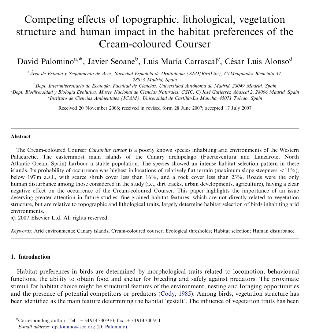 Competing Effects of Topographic, Lithological, Vegetation Structure and Human Impact in the Habitat Preferences of the Cream-Coloured Courser