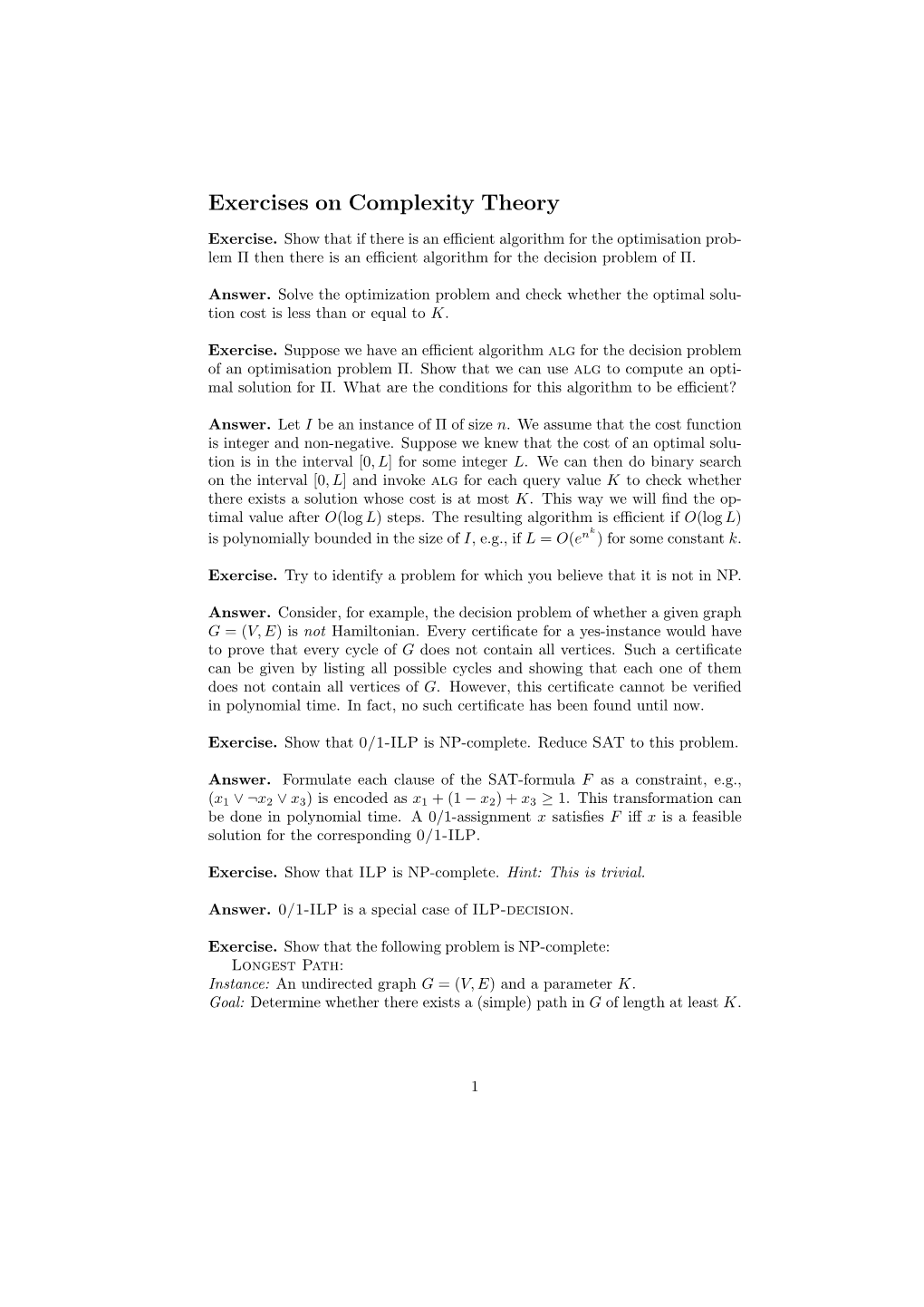 Exercises on Complexity Theory