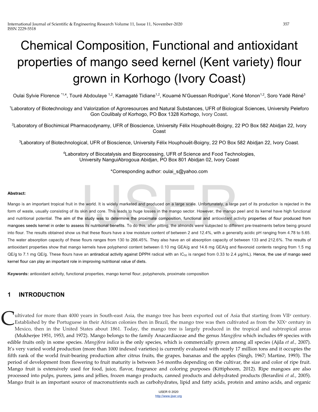 Chemical Composition, Functional and Antioxidant Properties of Mango Seed Kernel (Kent Variety) Flour Grown in Korhogo (Ivory Coast)
