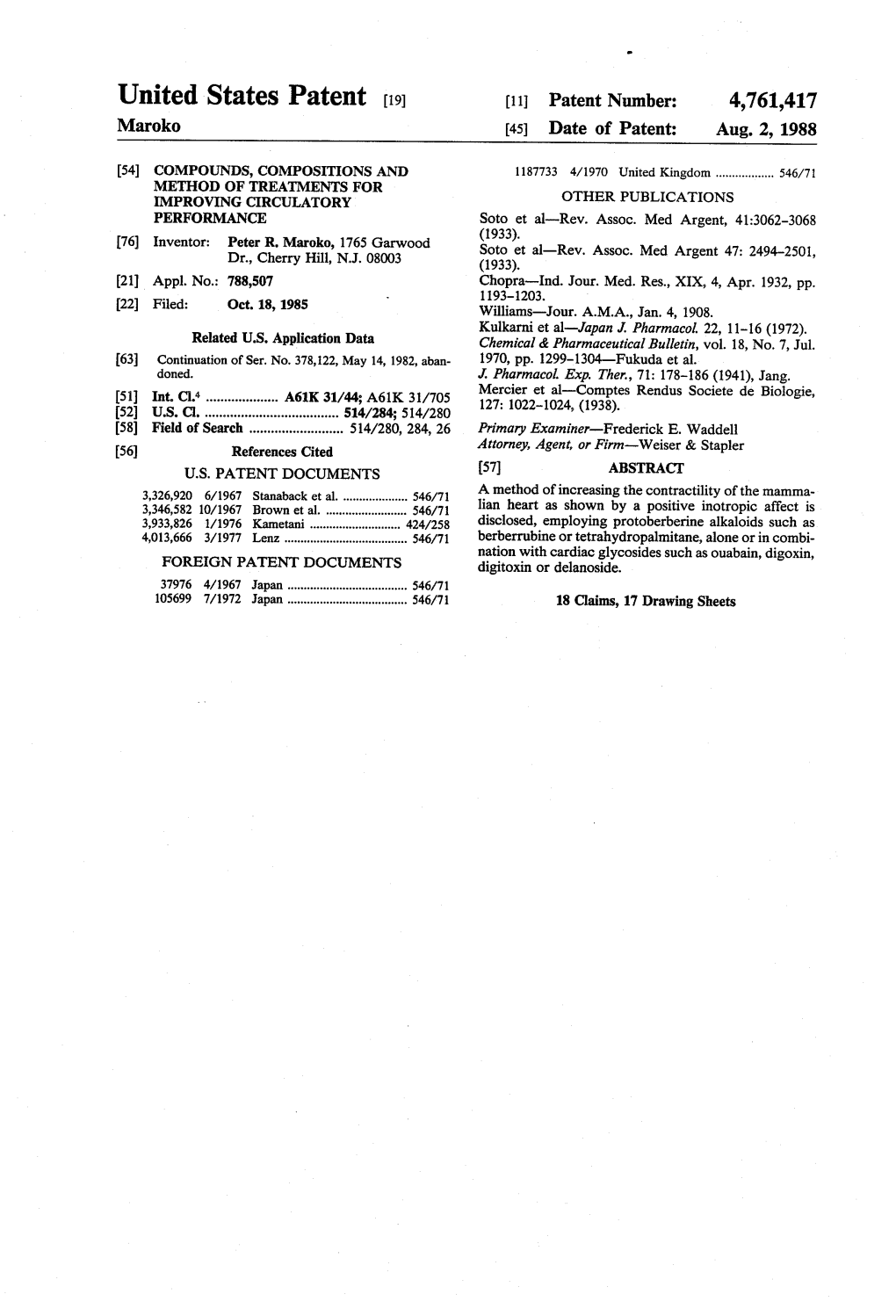 United States Patent [191 [11] Patent Number: 4,761,417 Maroko [45] Date of Patent: Aug