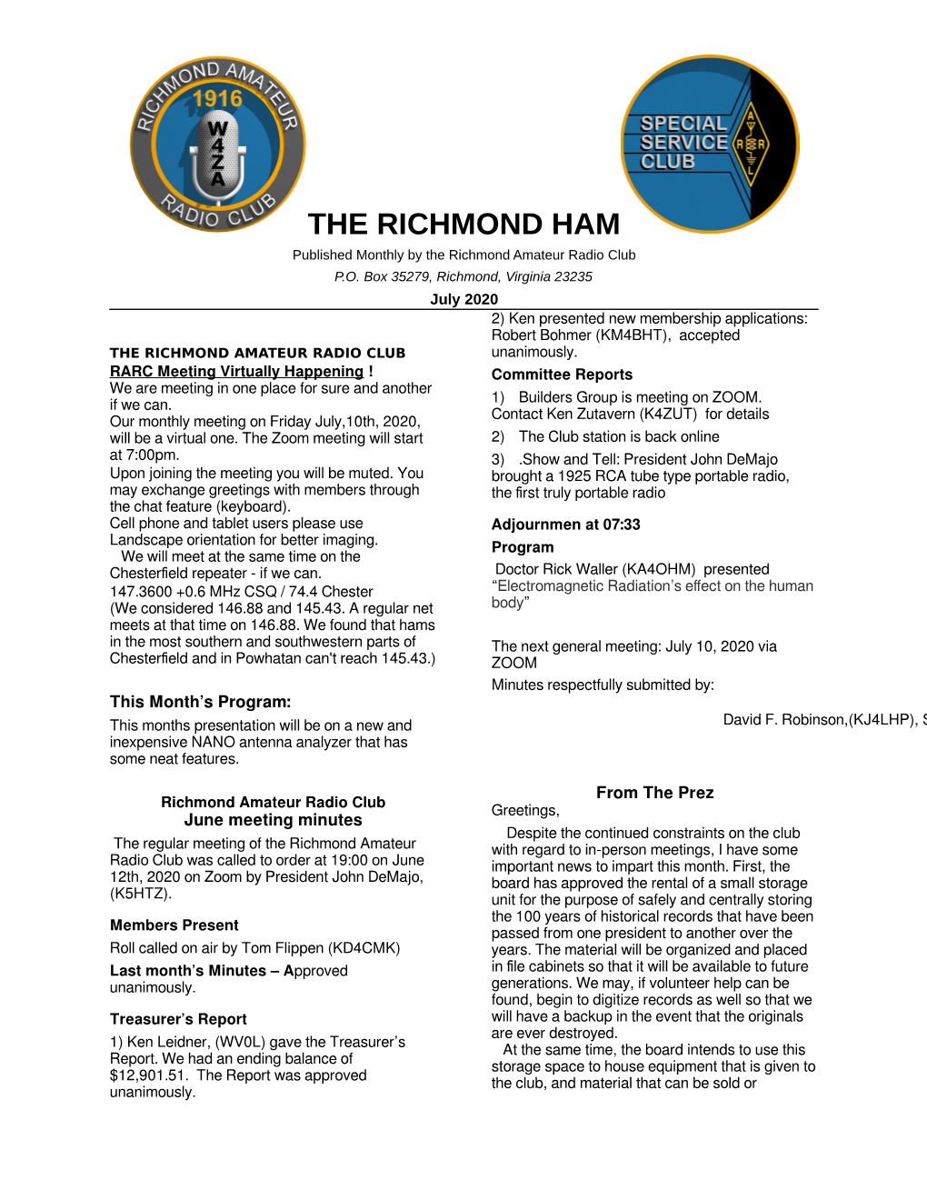 THE RICHMOND HAM Published Monthly by the Richmond Amateur Radio Club P.O