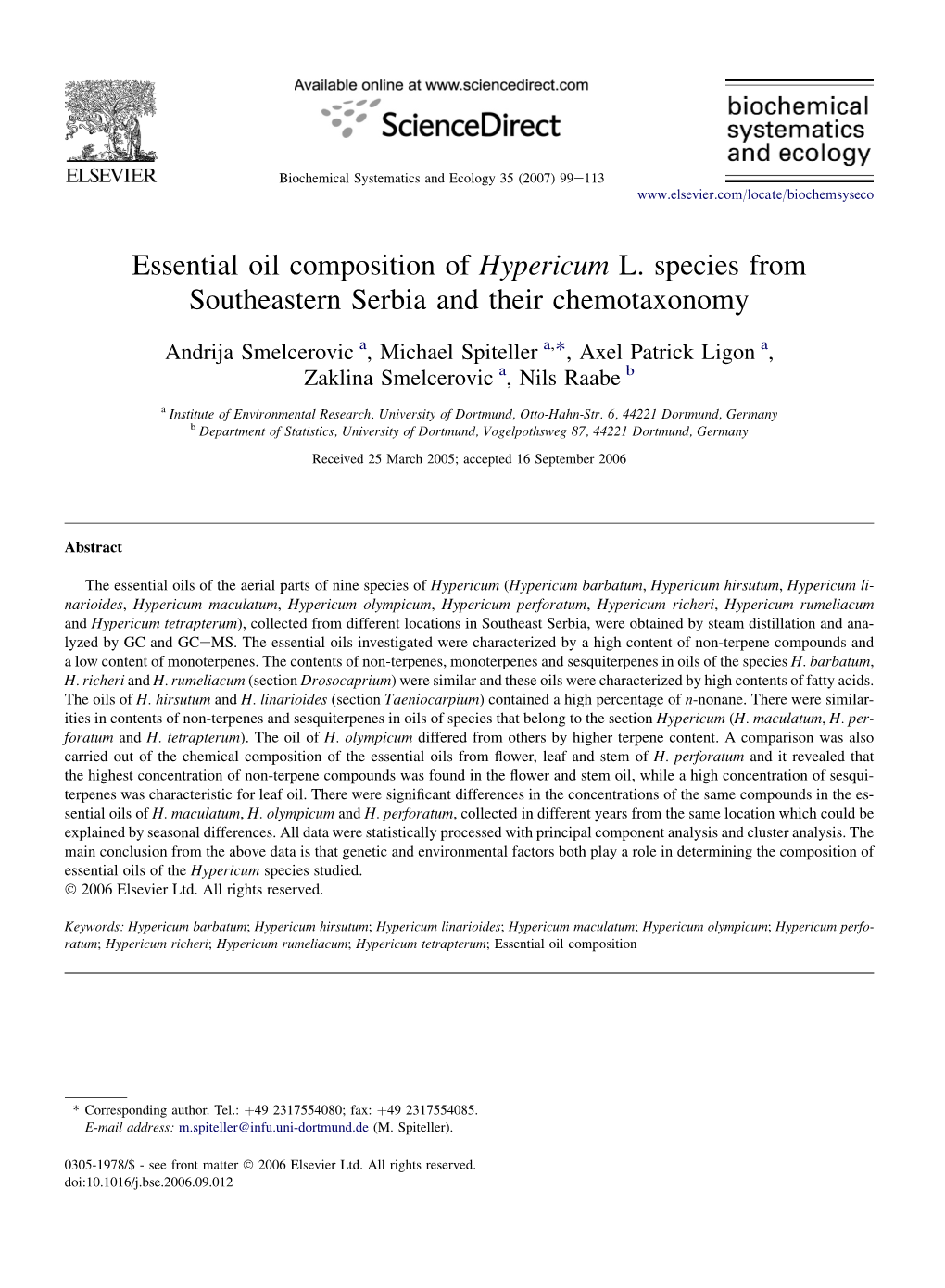 Essential Oil Composition of Hypericum L. Species from Southeastern Serbia and Their Chemotaxonomy