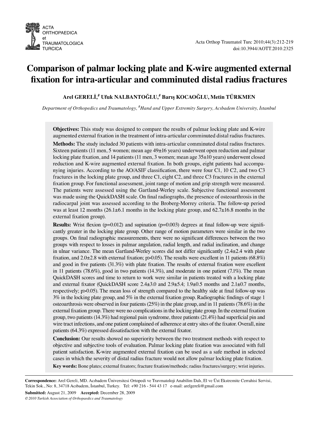 Comparison of Palmar Locking Plate and K-Wire Augmented External Fixation for Intra-Articular and Comminuted Distal Radius Fractures