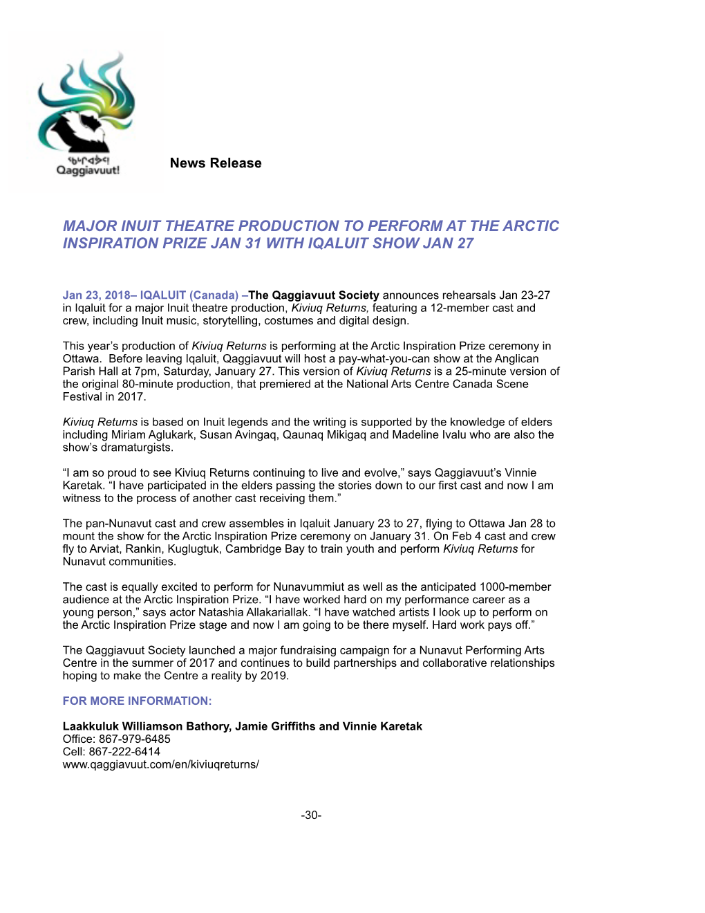 Kiviuq Returns Jan 23 2018 Press Release.Pages