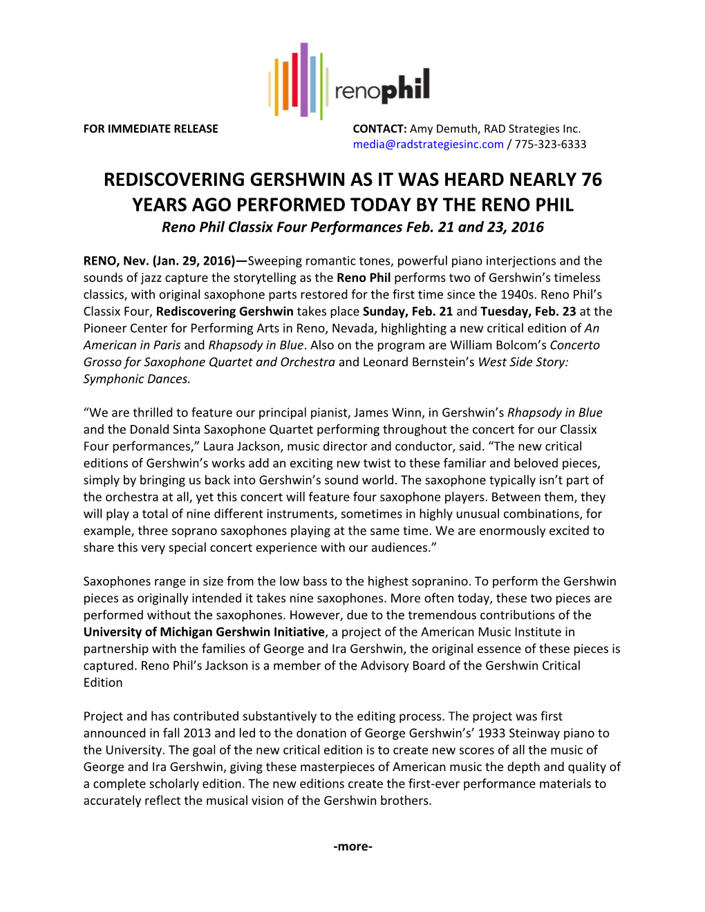 REDISCOVERING GERSHWIN AS IT WAS HEARD NEARLY 76 YEARS AGO PERFORMED TODAY by the RENO PHIL Reno Phil Classix Four Performances Feb