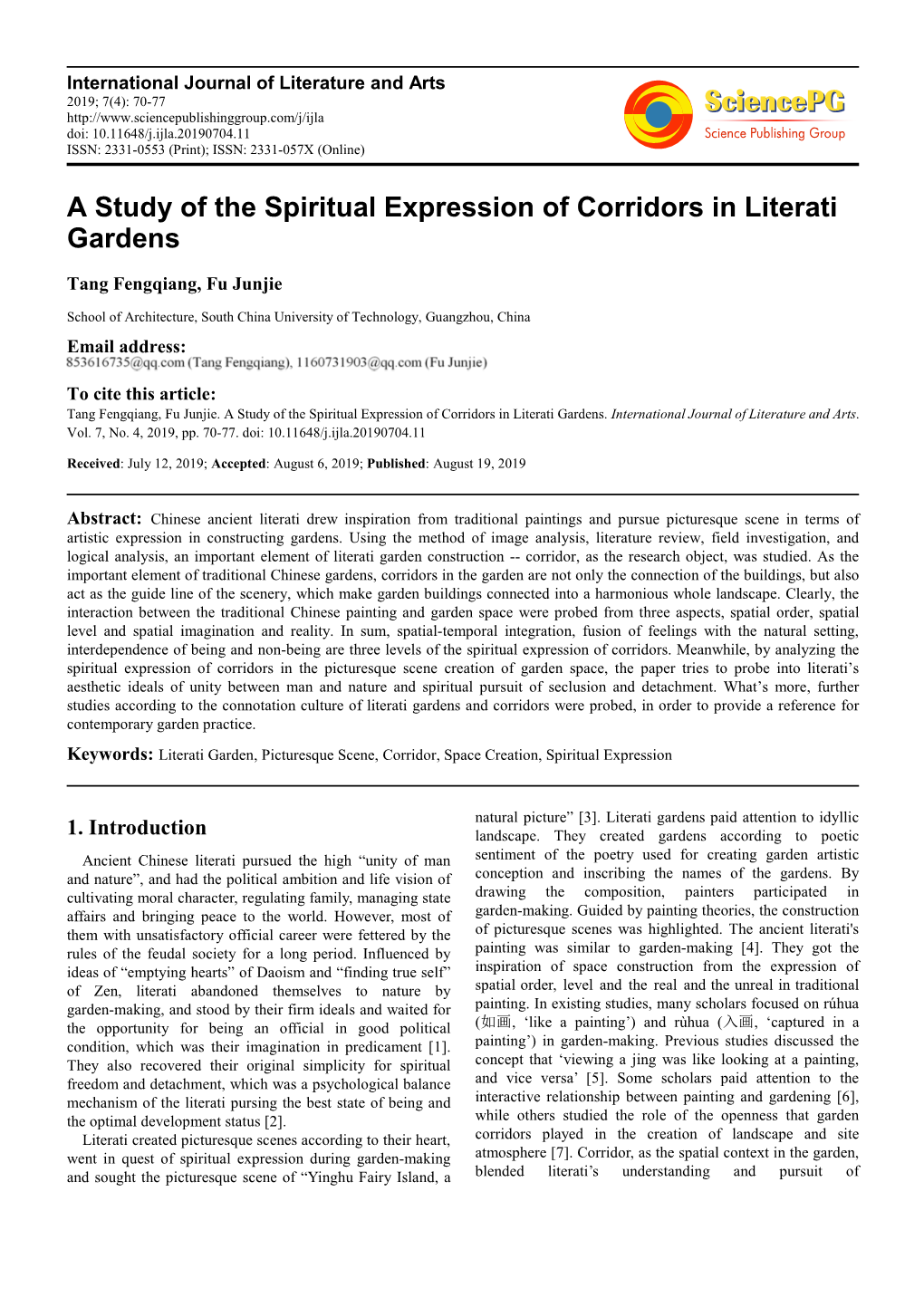 A Study of the Spiritual Expression of Corridors in Literati Gardens