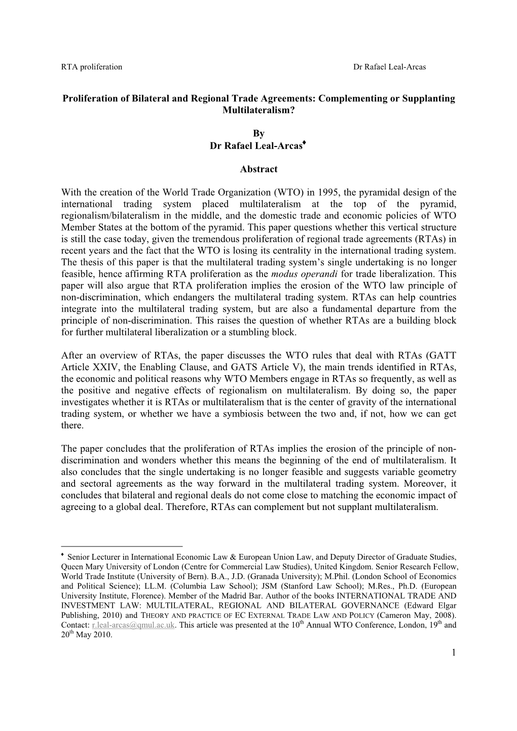 1 Proliferation of Bilateral and Regional Trade Agreements