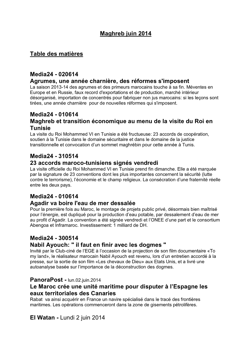 Maghreb Juin 2014 Table Des Matières Media24