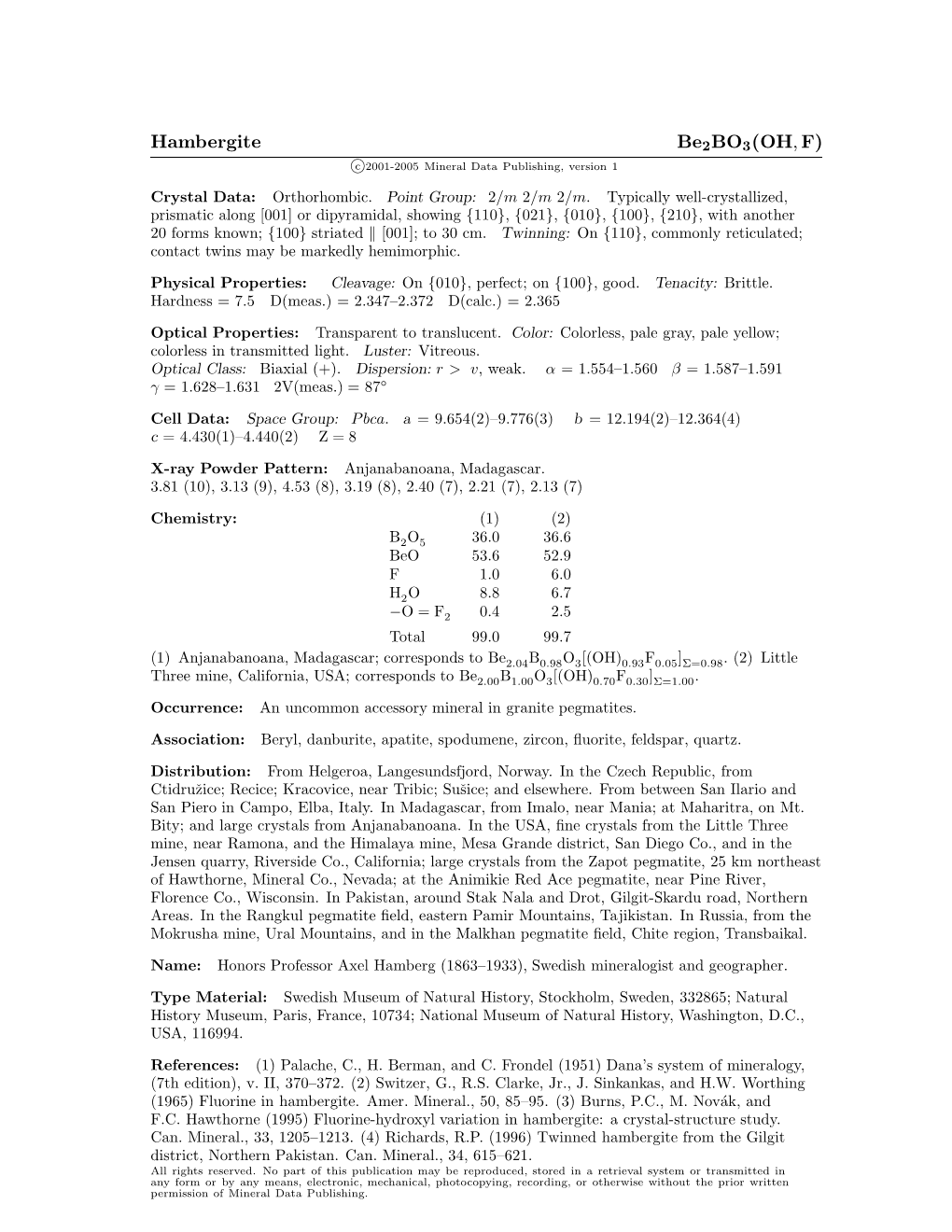 Hambergite Be2bo3(OH, F) C 2001-2005 Mineral Data Publishing, Version 1