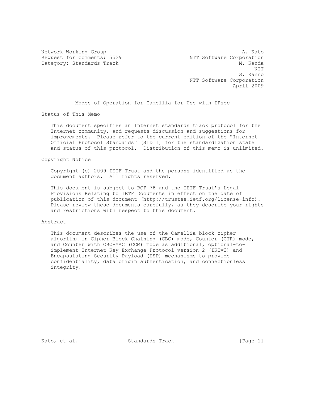 RFC 5529 Modes of Operation for Camellia for Ipsec April 2009